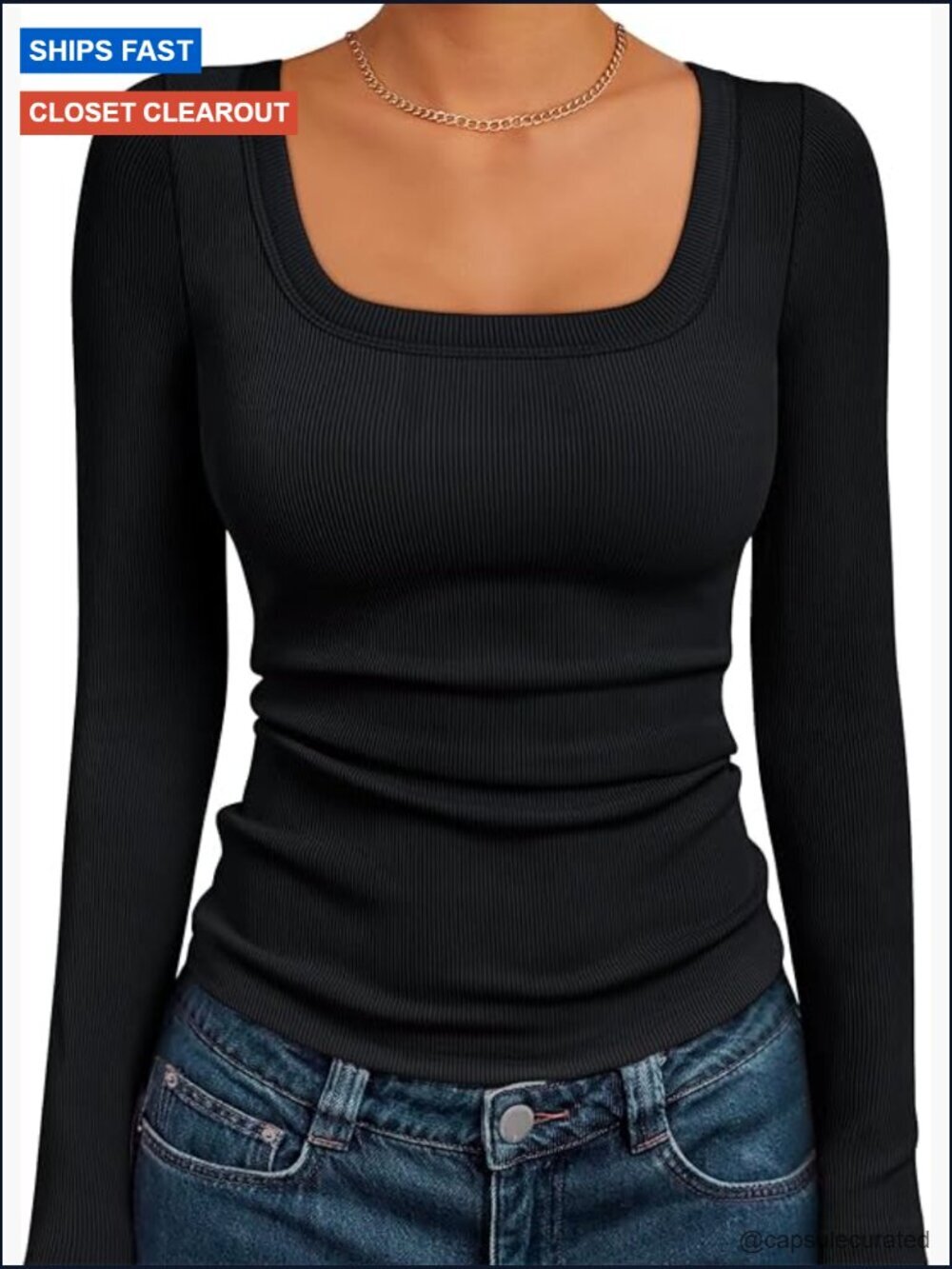 Square Neck Ribbed Long Sleeve Crop Top Slim Fit Y2K Fall Outfits Tee